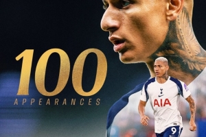 理查利森迎热刺生涯百场里程碑，此前贡献23球11助攻