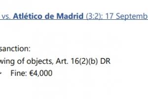 欧足联官方：对阵马竞因球迷投掷物品，对利物浦处以罚款4000欧