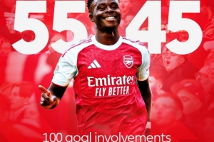 里程碑！英超官方社媒晒海报祝贺萨卡：参与英超进球100个