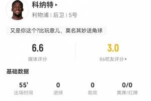 还续吗？55分钟被换下，科纳特本场3成功长传+3解围2犯规 获6.6分